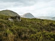 Skotsk højlandshede med græs og lyng, stor sten i forgrunden, bølgende bjerge under overskyet himmel på West Highland Way dag 4.