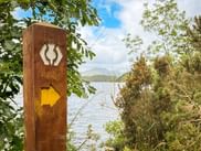 Træskilt med gul pil på West Highland Way, Skotland. Sø og grønne bakker synlige i baggrunden under overskyet himmel.