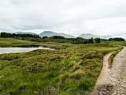 Grusvej på West Highland Way gennem grøn hede med lille sø og skovklædte bakker under overskyet skotsk himmel.