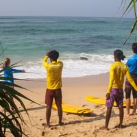 Gruppe surfere i gule og blå rashguards på sandstrand i Sri Lanka med surfbrætter, indrammet af palmegrene.