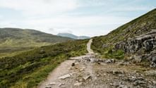 Stenet vandrerute gennem grønne skotske højlande på West Highland Way. Bakkede landskab og bjerge synlige under overskyet himmel.