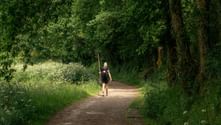 Lone pilgrim with backpack and walking stick on dirt path through lush green forest on Portuguese Camino, day 11.