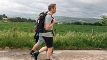 To vandrere med rygsække går på en asfalteret vej gennem grønt landskab på Camino de Santiago fra Sarria til Santiago.