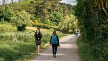 Two hikers with backpacks walking on a paved path through green countryside on the Portuguese Camino, with more pilgrims visible ahead.