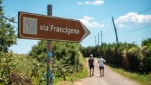 Brown directional sign reading 'via Francigena' on a rural path. Two hikers walk away in the distance under a blue sky with white clouds.