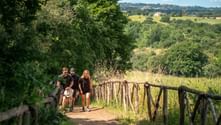 Three hikers walking on a dirt path with wooden fence through Italian countryside with rolling hills and green vegetation near Rome.