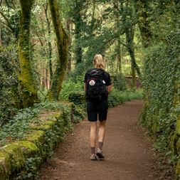 Person with backpack walking on dirt path through lush green forest on Portuguese Camino. Moss-covered stone wall lines the left side of the trail.