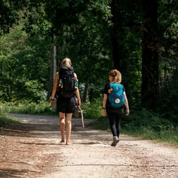 Two pilgrims with backpacks walking on a dirt path through a lush green forest on the Portuguese Camino. A car is parked on the right side.