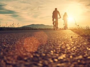 To cyklister i silhuet mod gylden solnedgangshimmel på asfalteret sti, med bjerge i baggrunden og vilde blomster langs vejen.
