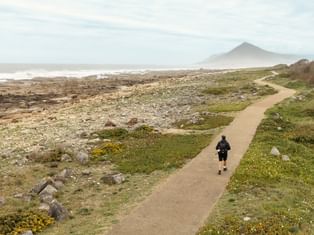 Ensom pilegrim på kyststi langs Portugisiske Camino med hav, steinete kyst og fjell i det fjerne under overskyet himmel.