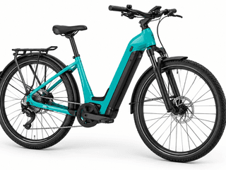 Turquoise La Pelerine Camino e-bike with low step-through frame, black battery pack, rear rack, and disc brakes on white background.