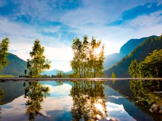 Rolig sø i Salzkammergut reflekterer bjerge, træer og blå himmel med hvide skyer. Sollys filtrerer gennem birketræer ved bredden.
