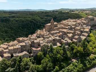 Aerial view of a medieval Italian hilltop town with stone buildings and a church tower, surrounded by dense green forests and rolling hills.