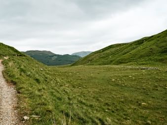 Grusvandrerute på West Highland Way, der slynger sig gennem grøn skotsk dal med græsdækkede bakker under overskyet himmel.