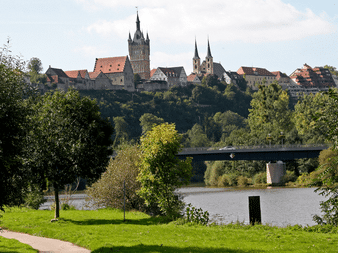 Bad Wimpfens middelalderlige silhuet med kirketårne og røde tage på en bakke over Neckar, indrammet af træer og eng.