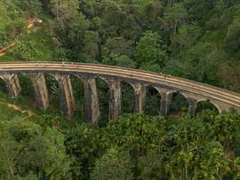 Flygvy av en krökt järnvägsbro i sten med flera valv över frodig grön tropisk skog i Sri Lanka.