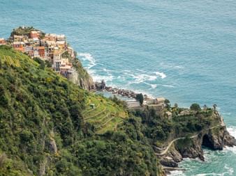 Aerial view of a Cinque Terre village with colorful houses perched on steep cliffs above the Mediterranean Sea, surrounded by terraced vineyards.