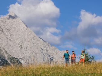 Tre vandrere på en græseng med den klippefyldte Zugspitze bjergtop i baggrunden under en blå himmel med hvide skyer.