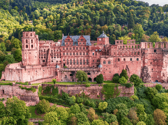 Heidelberg Slots ruiner i rød sandsten på en skråning omgivet af tæt grøn skov. Slottet har tårne, mure og renæssancearkitektur.