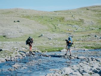 To fotturister med ryggsekker krysser en steinete bekk på Hardangervidda. Grønne åser med spredte steiner under blå himmel i bakgrunnen.