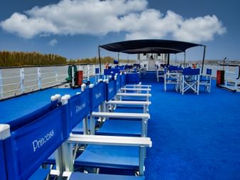 Blåt soldæk på MS PRINCESS med hvide liggestole, sort markise og hvide gelændere. Flod og træer synlige i baggrunden under skyet himmel.