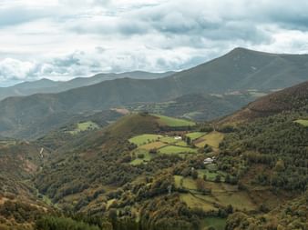Panoramautsikt over grønne bølgende åser langs Camino de Santiago med spredte jordbruksområder og skoger.