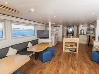 Moderne skibslounge med panoramavinduer, grå siddepladser, træborde, blå skamler og pantry. Havudsigt gennem vinduer.