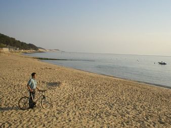 Man with bicycle standing on wide sandy beach near calm ocean waters. Forested coastline and small boat visible in background.