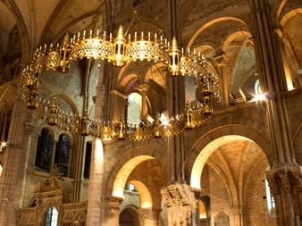 Interior of Gothic cathedral in Champagne region with ornate golden chandelier suspended from ribbed vaulted ceiling and stone arches.