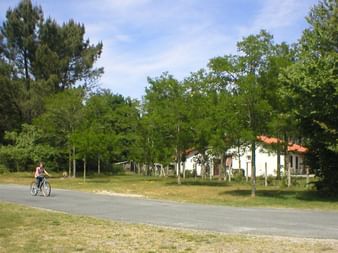 Cyclist riding on paved country road with white house with red roof visible among green trees under blue sky near Bordeaux.
