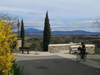 Cyclist on road at scenic viewpoint with stone wall, cypress trees, and yellow flowering bush. Mountains visible in background under cloudy sky.
