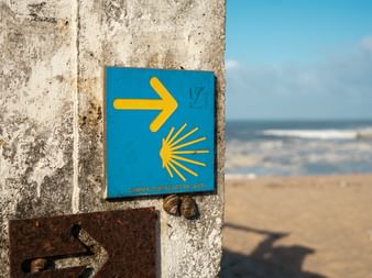 Blue Camino waymarker with yellow arrow and scallop shell symbol on weathered concrete post, with sandy beach and ocean in background.