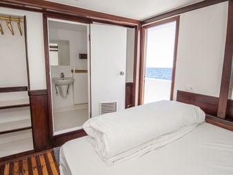 Interiør af MV Tala skibskahyt med hvid seng, trædetaljer, indbygget opbevaring, privat badeværelse og store vinduer med havudsigt.