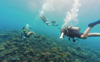 Tre dykkere svømmer over et korallrev i klart turkist vann på Bali, med luftbobler som stiger til overflaten.