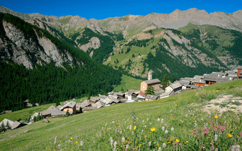 Landsby Saint-Véran med stenhuse og kirketårn på en skråning. Vildblomstereng i forgrunden, skovklædte bjerge bagved.