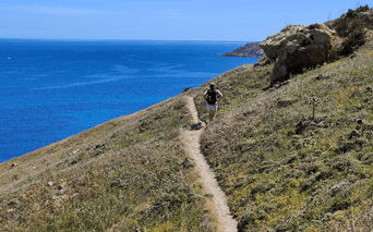 Vandrer på smal sti langs græsklædt kystskråning med udsigt over blåt Middelhav nær Ramla Beach, Gozo, Malta.