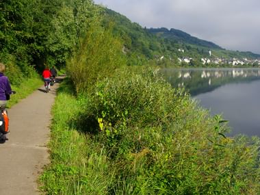 To cyklister på en asfalteret sti langs Mosel med grønne bakker, landsbyhuse spejlet i roligt vand og frodig vegetation.