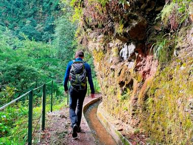 Turgåer med blå jakke og ryggsekk går langs smal levada-sti med steinkanal ved siden av mosedekket fjellvegg i Madeira-skog.