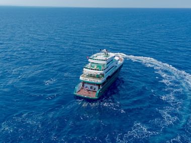 Luftfoto af High Wave liveaboard skib for anker i dybt blå havvand, der skaber et cirkulært kølvandsmønster omkring det hvide flerdekkede skib.