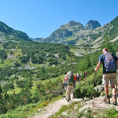 Gruppe vandrere med rygsække går på en stenet bjergsti i Rila-bjergene, Bulgarien, omgivet af grønne dale og toppe.