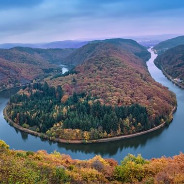 Luftfoto af et hestesko-formet flodsving omgivet af skovklædte bakker i efterårsfarver. Halvøen er dækket med nåletræer.