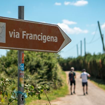 Brunt retningsskilt med teksten 'via Francigena' ved en landlig sti. To vandrere går væk i det fjerne under en blå himmel med hvide skyer.