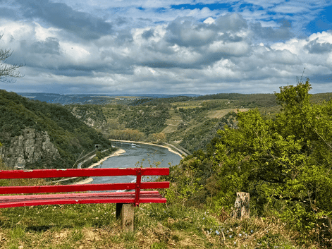 Rød træbænk på Rheinsteig med udsigt over Rhinen, der slynger sig gennem grøn dal med bakker under overskyet himmel.