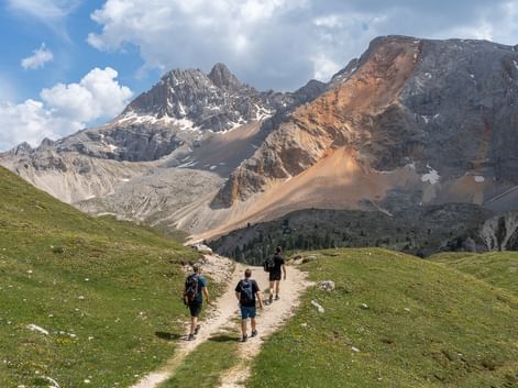Tre fotturister med sekker går på en jordsti gjennom grønne alpine enger i Dolomittene, med dramatiske kalksteinstopper i bakgrunnen.