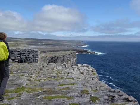 Person i lysegul jakke står på kalkstensklipper med udsigt over Atlanten. Stenmure og klippefyldt terræn synligt ved Irlands kyst.