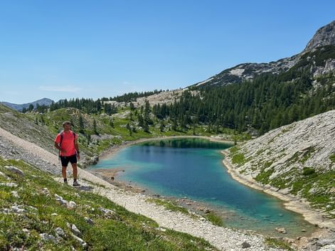 Vandrare i röd tröja ser ut över turkos alpin sjö i Juliska Alperna, Slovenien. Klippiga sluttningar och skogsklädda berg omger vattnet.