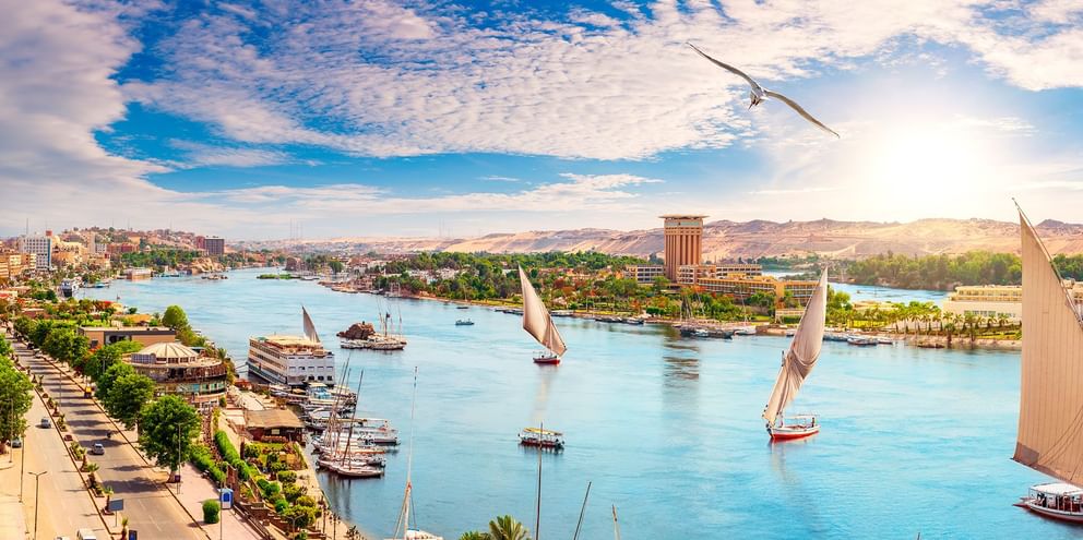 Panoramautsikt over Nilen i Egypt med tradisjonelle felucca-båter, strandpromenade, palmer og ørkenfjell i bakgrunnen.